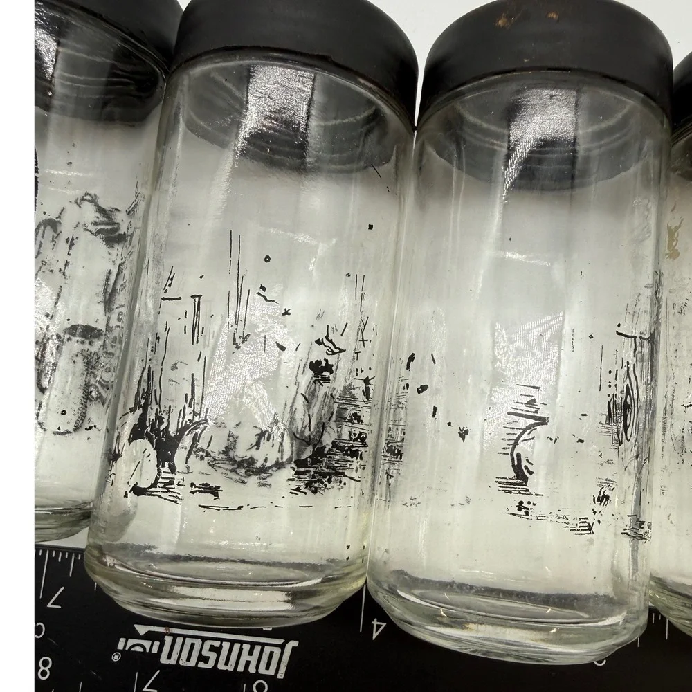 Vintage Watkins Glass Spice Jar Set of 5 Black Graphic Kitchen Sketch Shakers